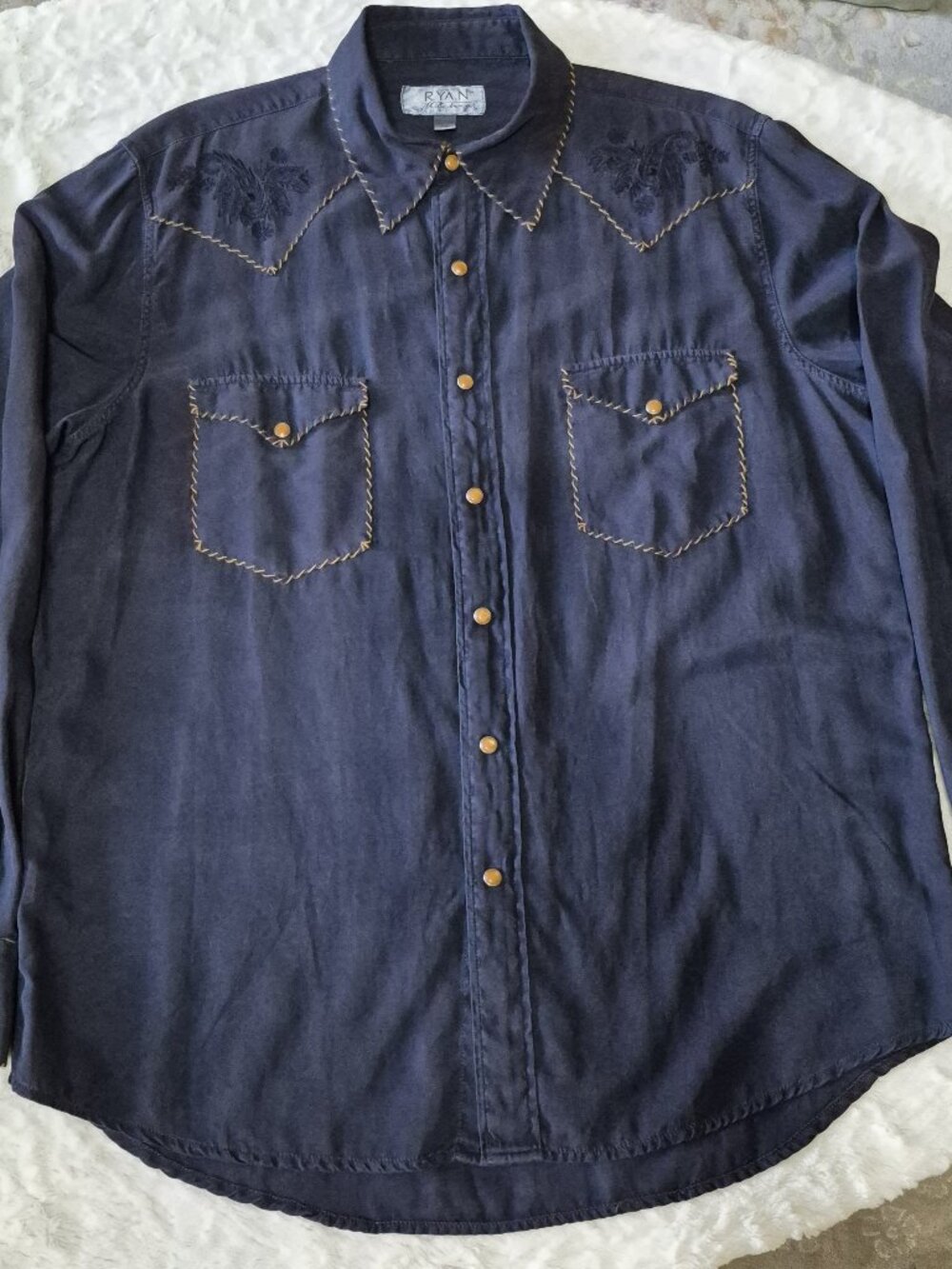 Ryan Michael long sleeve silk-cotton blend embroidered western pearl snap shirt.